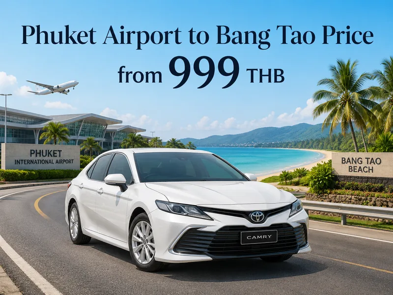 Fixed taxi prices for the Phuket airport to Bang Tao transfer, shown by vehicle type